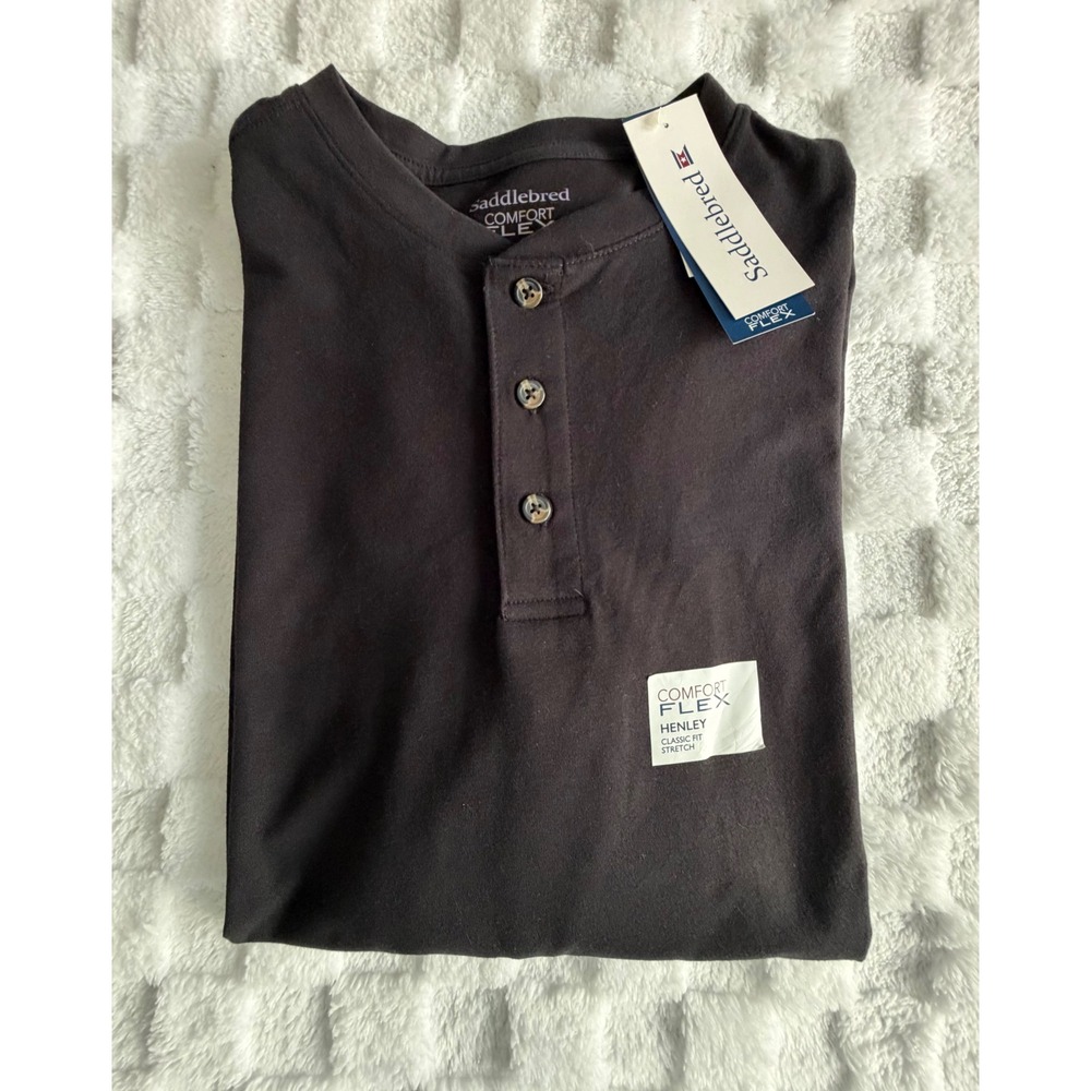 NWT- Saddlebred Comfort Flex Mens Henley Shirt Black Long Sleeve Classic Fit -LG